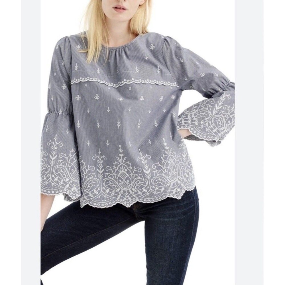 J. Crew Top Small Blue Striped Embroidered Bell Sleeve Cotton Poplin Blouse